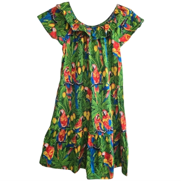 Vintage Hilo Hattie Hawaii Parrot Print Muumuu Off the Shoulder Midi Dress Large - Picture 1 of 7